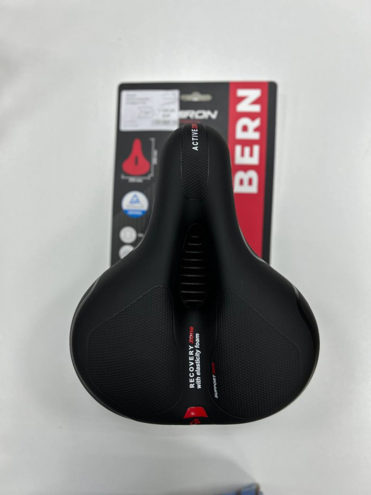 Седло велосипедное комфортное COMIRON BERN N669A 255x210, Технологии: ED, Эластомер, Верх: PU с пресс. принтом, Цвет: Чёрный+Красный /уп 20/